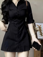 Waist- And Single-Breasted Solid Color Shirt Dress, Suitable for Dating And Commuting - Black