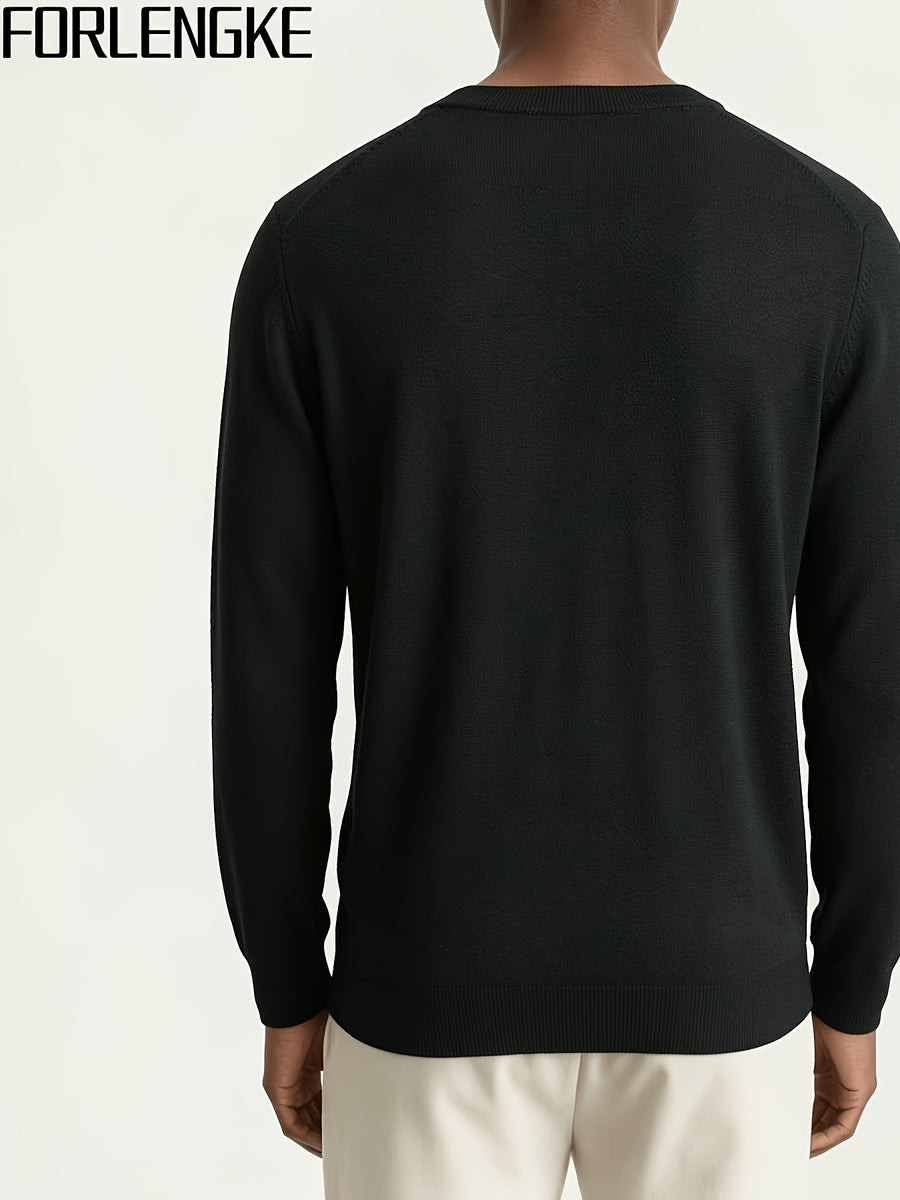FORLENGKE Men's Casual Commuter-style Checkered Knit Sweater with Checkered Jacquard, Soft and Breathable Knit Fabric, Classic Crew Neck Long-sleeve Pullover Style, Suitable for Various Outfit Occasions, Autumn and Winter Daily Casual Men's Top - Black