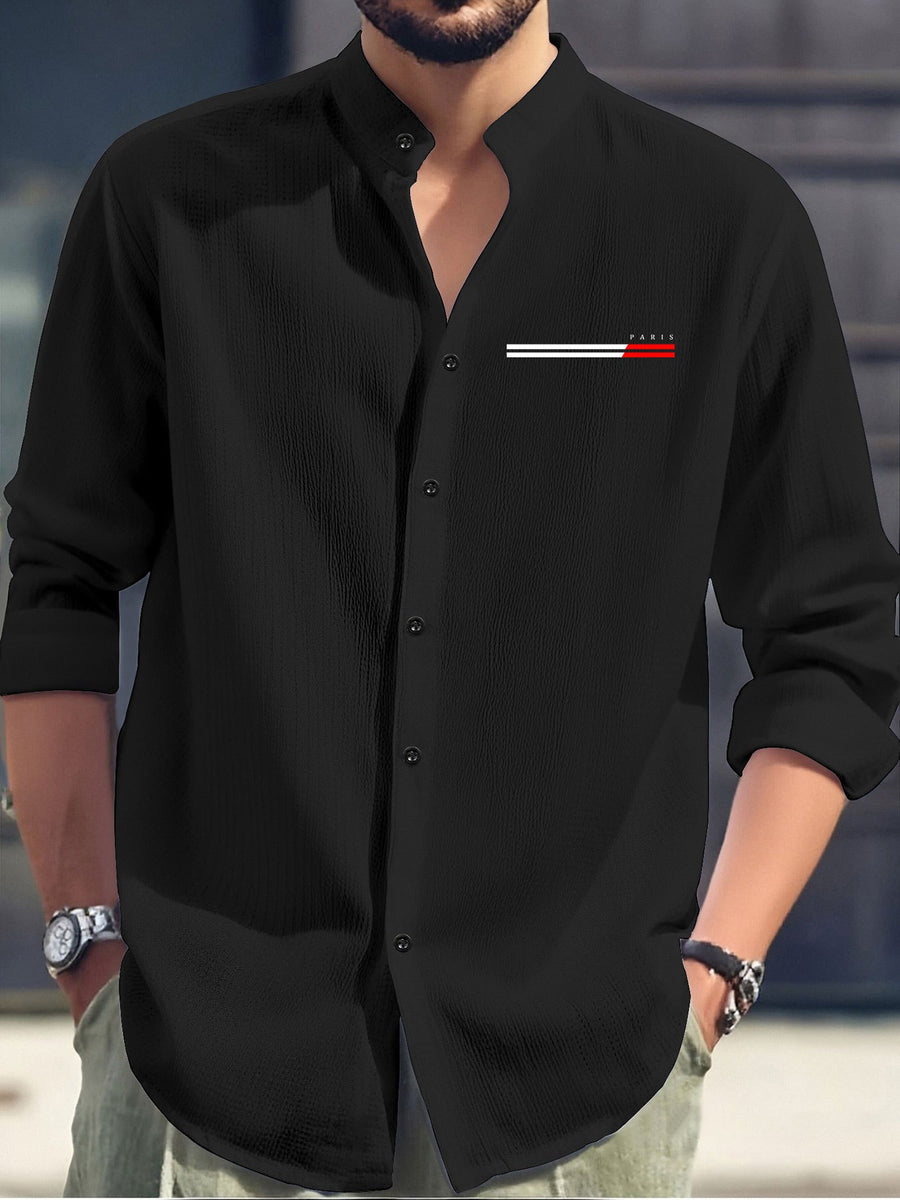 Men'S Fashion Casual Comfortable Lightweight Long Sleeve Shirt - Breathable Stand Collar Button- - Easy Care Top, Paris Letter Pattern Print, Machine Washable Office And Everyday Wear, Activities And Outings Versatile Apparel - Black