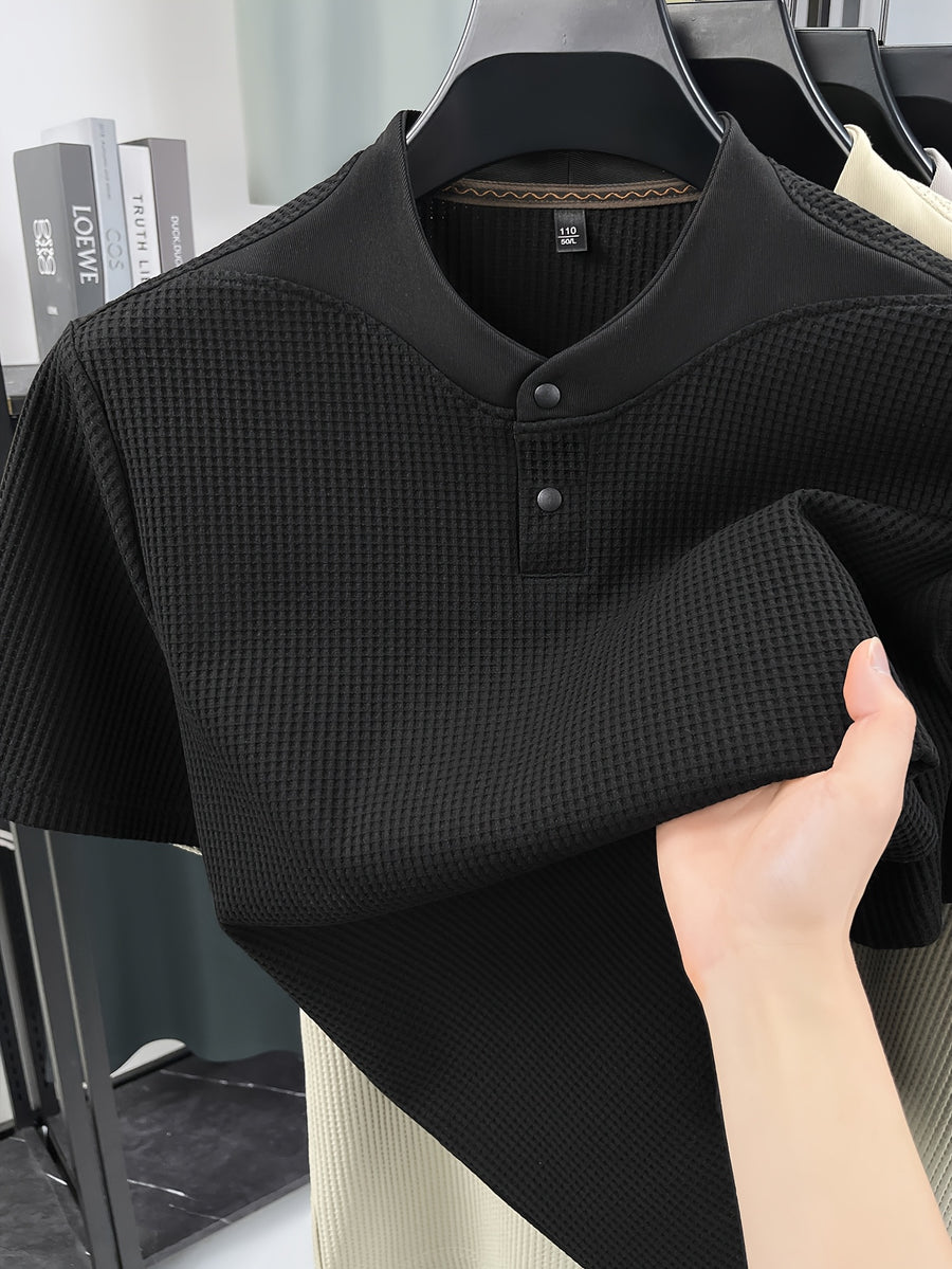 New Summer Style Men's Short-Sleeve Polo T-Shirt with Small V-Neck and Two-Button Placket, Fashionable and Versatile Sporty Casual Men's Apparel, Skin-Friendly, Comfortable, Stylish, Slimming, and Breathable, HF66180 - Black
