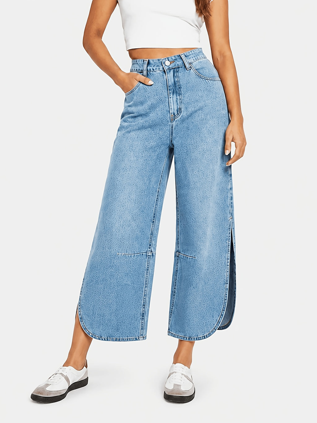 Women's Non-Stretch Vintage Versatile Casual Fashionable Elegant Mid-Waist Pocket Machine Washable Durable Slit Multi-Functional Loose Straight-Leg Cropped Jeans Streetwear Trendy Style - Bright Steel Blue
