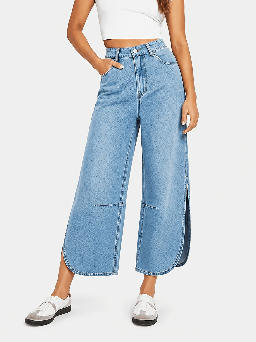 Women's Non-Stretch Vintage Versatile Casual Fashionable Elegant Mid-Waist Pocket Machine Washable Durable Slit Multi-Functional Loose Straight-Leg Cropped Jeans Streetwear Trendy Style - Bright Steel Blue