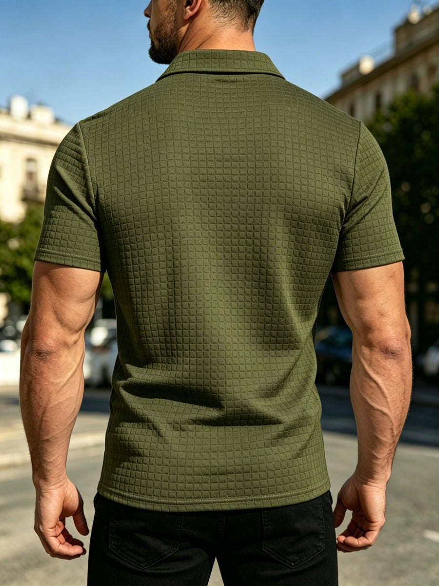 Men'S Waffle Polo Shirt, Zipper Collar Design Short Sleeve T-Shirt, Summer Casual Daily Commute Versatile Top - fern green