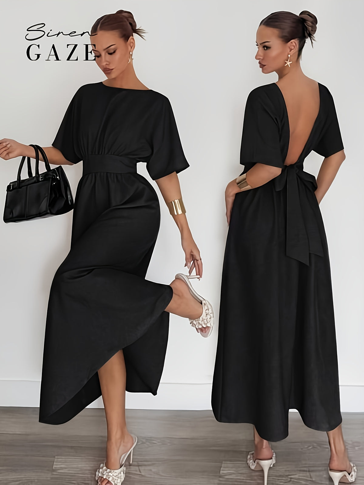 High-End Round Neck Short Sleeve Waist-Cinching Black Irregular Slit Long Dress, Date Evening Commute Urban Women'S Outfit Dress [YTD Cherry] - Black