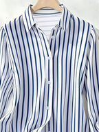 Spring/Autumn New Elegant Striped Long-Sleeve Women's Shirt, Single-Breasted Button-Front Blouse, Machine Washable, Suitable for Office, Commuting, or Formal Events, Office Attire, Sophisticated Casual - Blue Strips