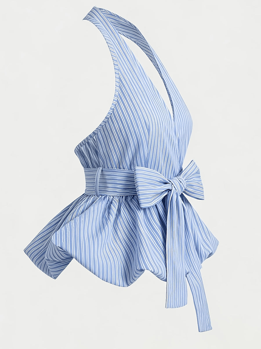Women'S Solid Color Elegant Bowknot Halter Top - Blue