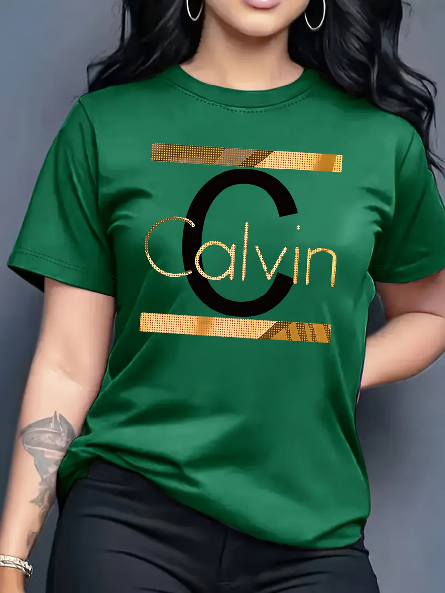 Calvin, Spring and Summer Graphic Print T-shirt, Short Sleeve Crew Neck Casual Top for Summer & Spring, Women's Clothing - Green