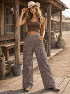 Women'S American Vintage Paisley Print Metal Buckle Zipper Pocket Wide Leg Pants, High Waist Drape Western Bohemian Style Pocket Straight Casual Long Trousers - Polychrome