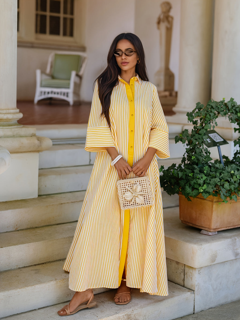 Women's Shirt Long Cape Long Elegant Striped Shirt - Yellow