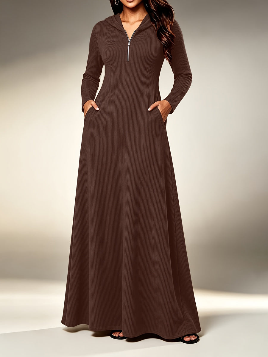 Plus Size - Western Plus Size Women'S Ribbed Hooded Long Dress, Half-Open Zipper Long Sleeve Fitted Flared Casual Floor-Length Skirt - Dark Gray
