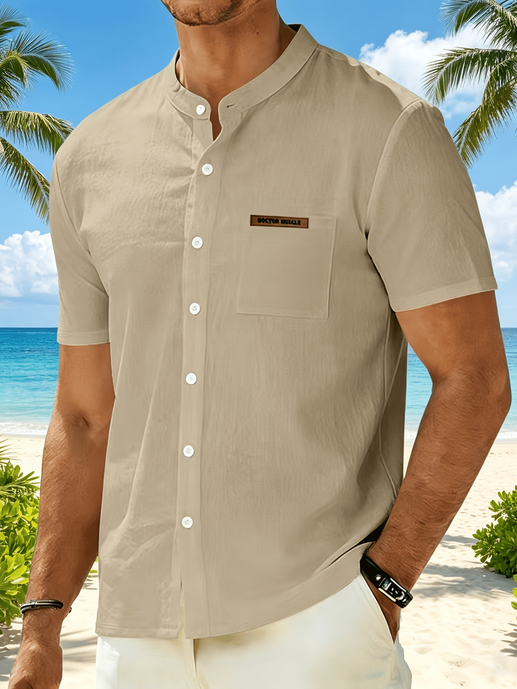 Men's Minimalist Vacation Style Stand Collar Linen Short Sleeve Shirt, 95% Linen 5% Polyester, Breathable with Label Pocket, Fashionable Beachside Pool Casual Shirt - Khaki
