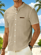 Men's Minimalist Vacation Style Stand Collar Linen Short Sleeve Shirt, 95% Linen 5% Polyester, Breathable with Label Pocket, Fashionable Beachside Pool Casual Shirt - Khaki
