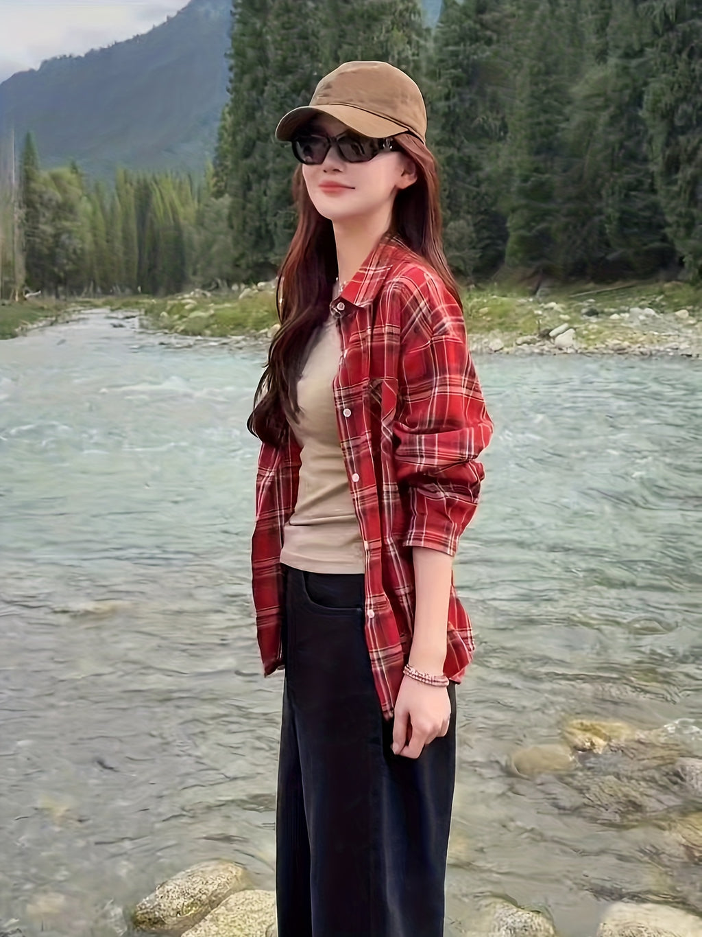 Women'S Shirt Multicolor Brushed Plaid Shirt Loose Top - Red