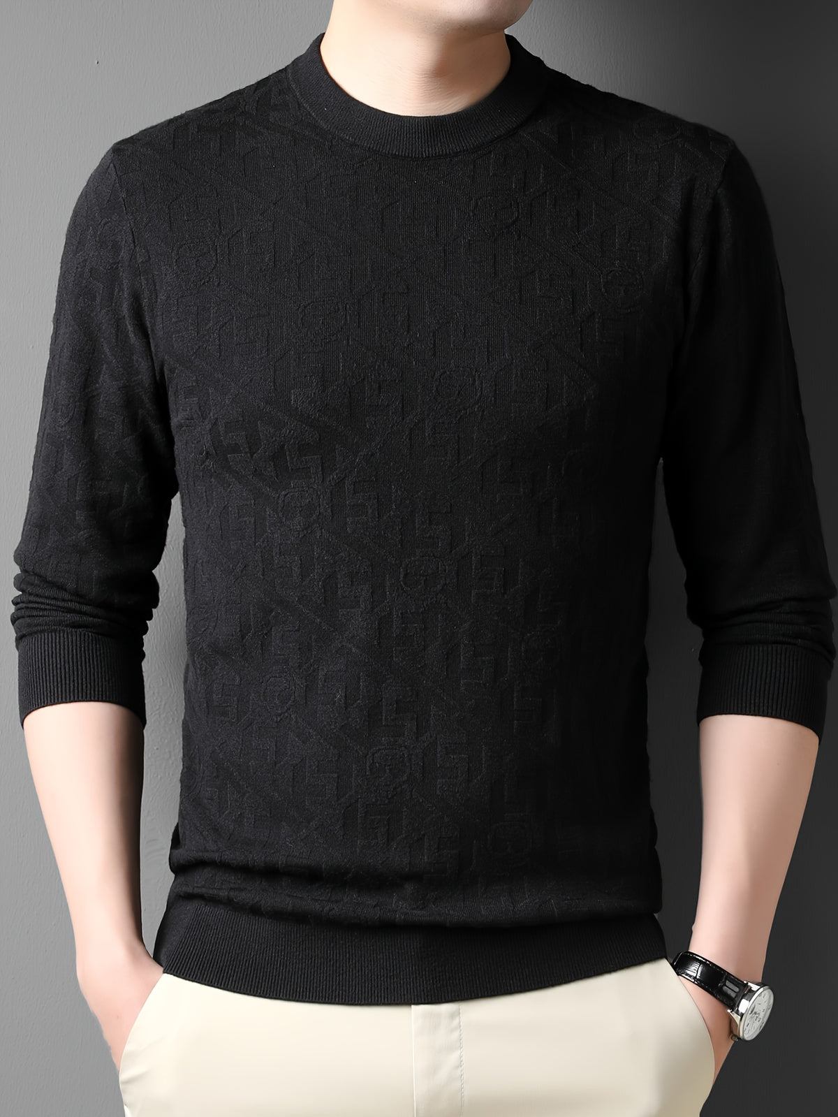 Men'S Round Neck Jacquard Sweater Spring Autumn Tight Thin Business Casual Knit Pullover Top - Black