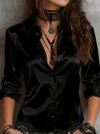 Women'S All-Season Temperament Commuter Satin Shirt - Black