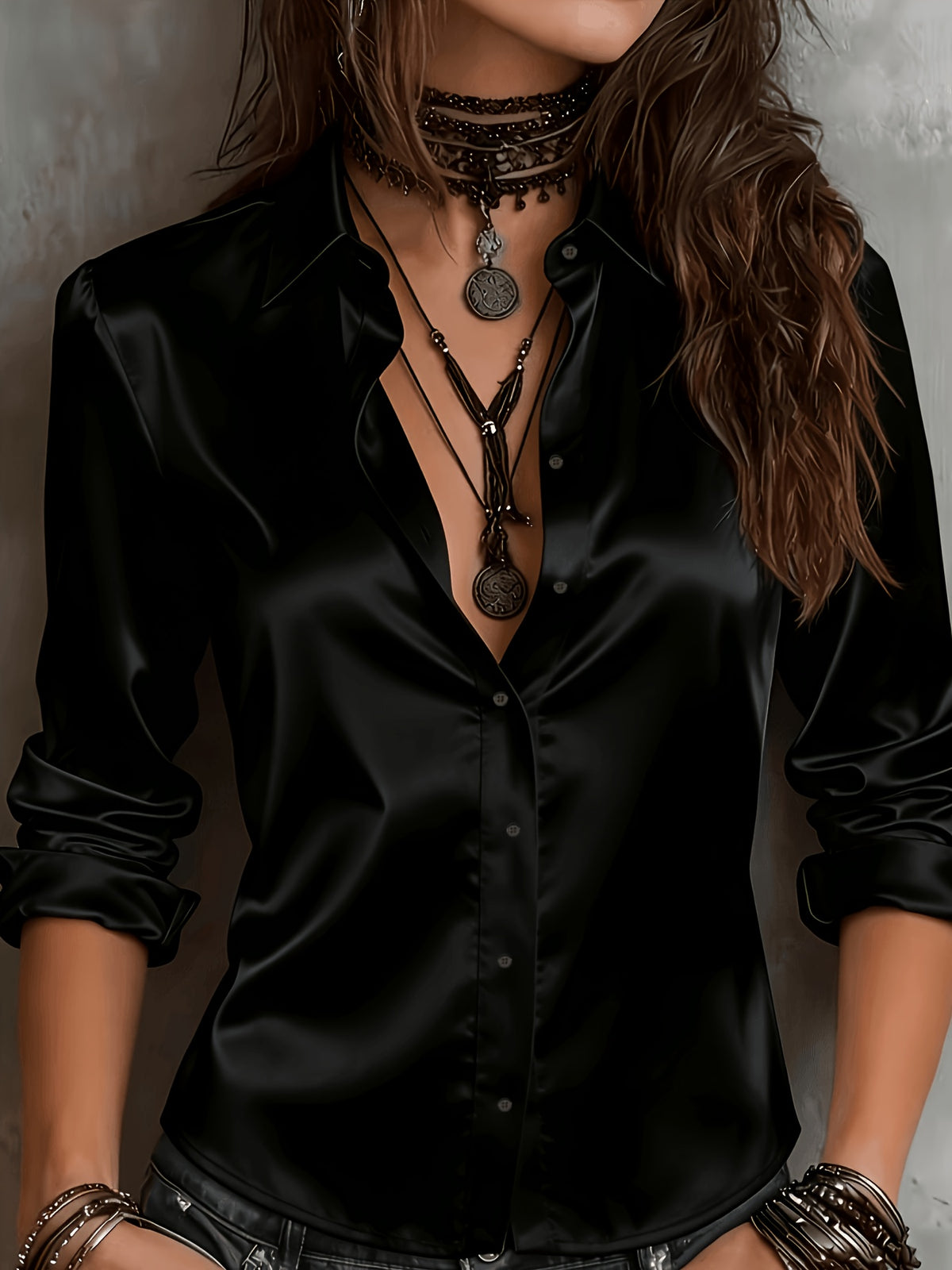 Women'S All-Season Temperament Commuter Satin Shirt - Black