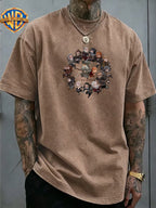 Warner Bros Official Men's Washed Pure Cotton Short-Sleeve T-Shirt, Featuring a Classic The Hobbit and Dwarves Team Anime Print on the Back, and a Circular Group Portrait Design of Characters on the Front Chest. Rich in Detail, It Showcases an Epic - Khaki