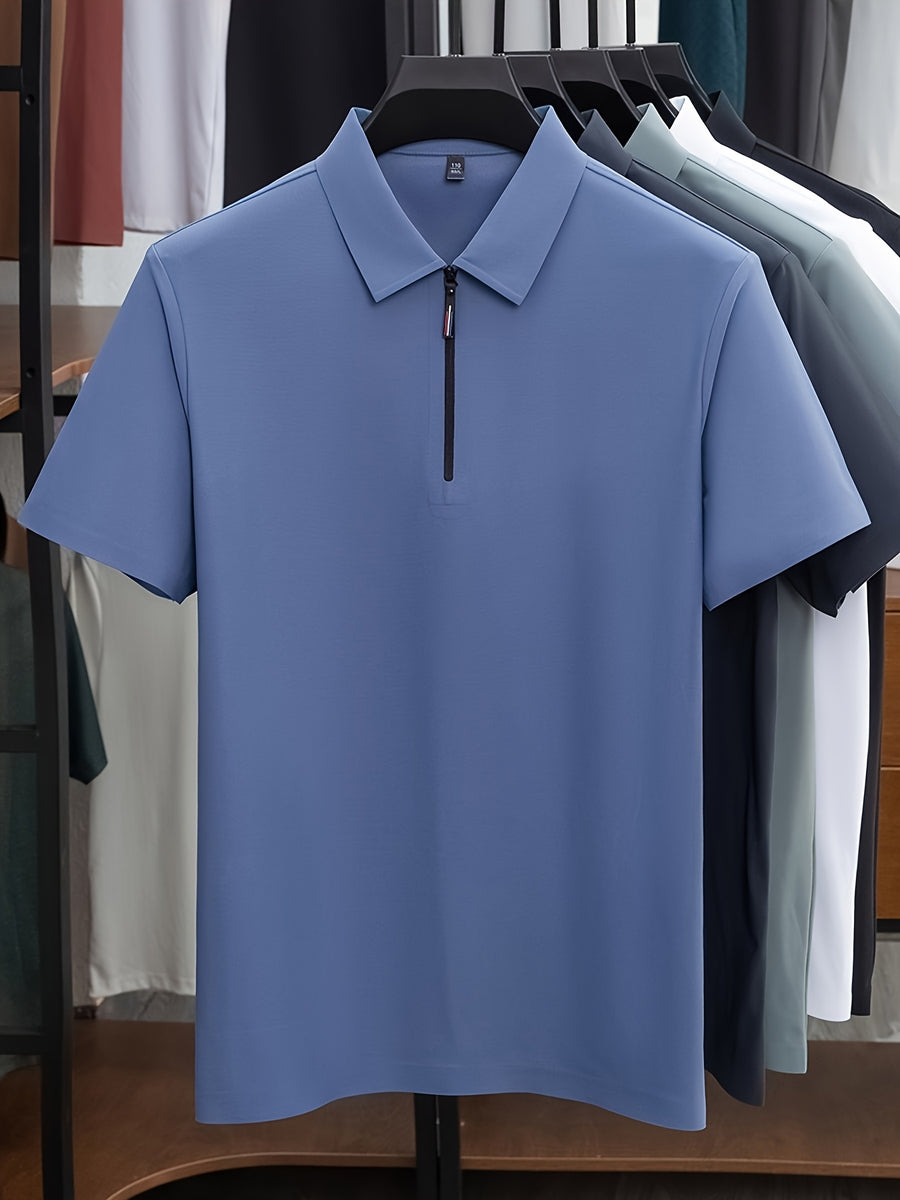 Men's Summer Short-Sleeve Half-Zip Lapel Polo Shirt - Solid Color T-Shirt Suitable for Casual & -Casual Wear, Breathable Half-Zip Collar, Short Sleeve Lapel Collar, Hand Washable Solid Color Polo Tee for Office or Everyday Outfits - Gray Blue