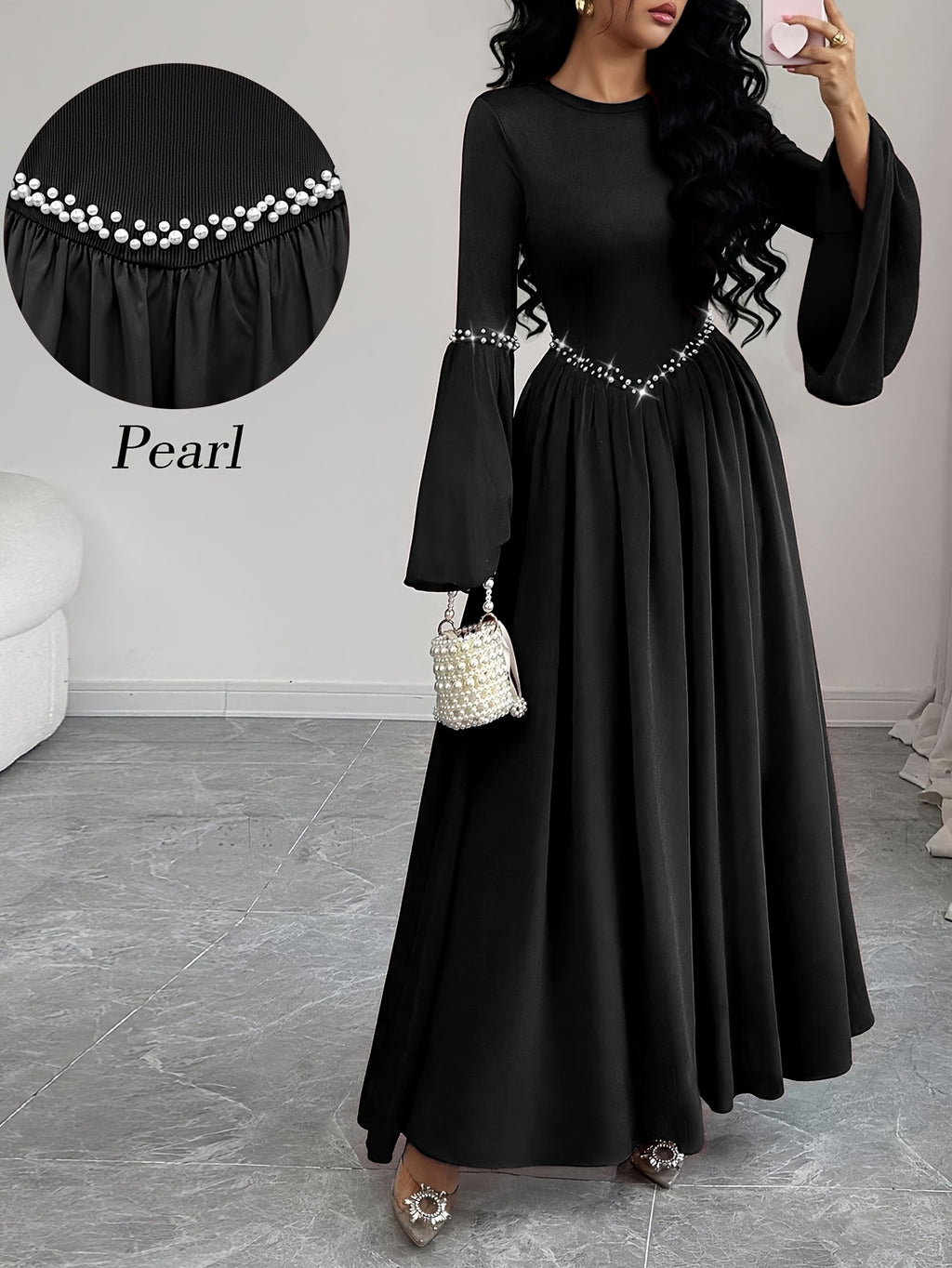 Women'S Elegant Long Sleeve Flared Waist-Cinching A-Line Dress with Pearl Round Neck - Black
