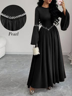 Women'S Elegant Long Sleeve Flared Waist-Cinching A-Line Dress with Pearl Round Neck - Black