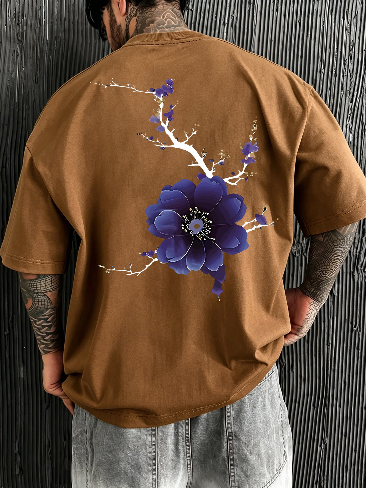 Men's New Style Pure Cotton Short Sleeve Crew Neck T-Shirt with Peony Flower Print, Casual, Comfortable, Soft, and Breathable, a Summer Essential - Coffee Color