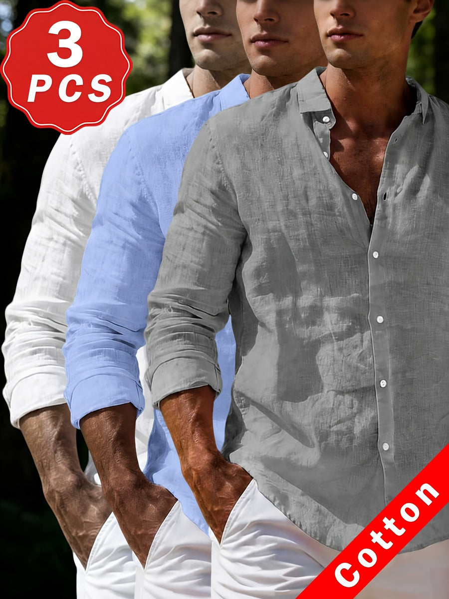 Men'S 100% Casual Collar Button-Up Shirt 3pcs Set, Skin-Friendly, Soft, Breathable Fabric, Island Vacation Style, All-Match Casual Wear, Comfortable Texture, Casual Style for Men, Multiple Colors Available, Great Gift for Boyfriend Or Husband - Gray+blue+white