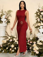 New Elegant Mix-and-Match Slit Sleeveless Dress - Red