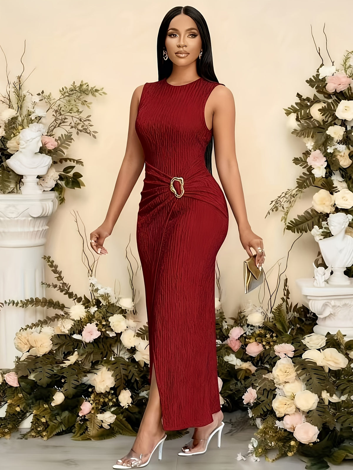 New Elegant Mix-and-Match Slit Sleeveless Dress - Red