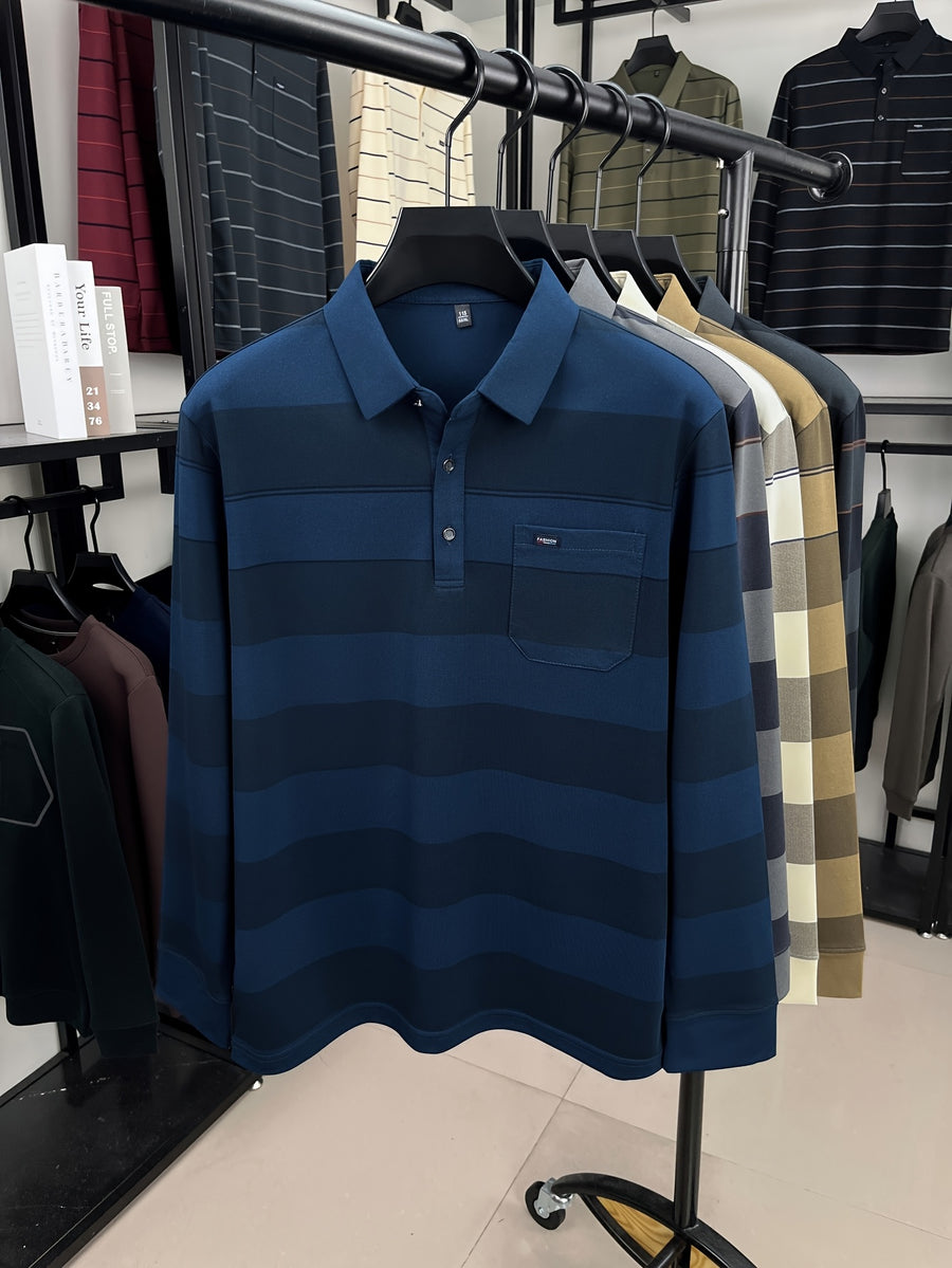 Autumn Men'S Long Sleeve T-Shirt 2026 New Style Wide Stripe Lapel with Real Pockets Casual Long Sleeve POLO Shirt - Cyan