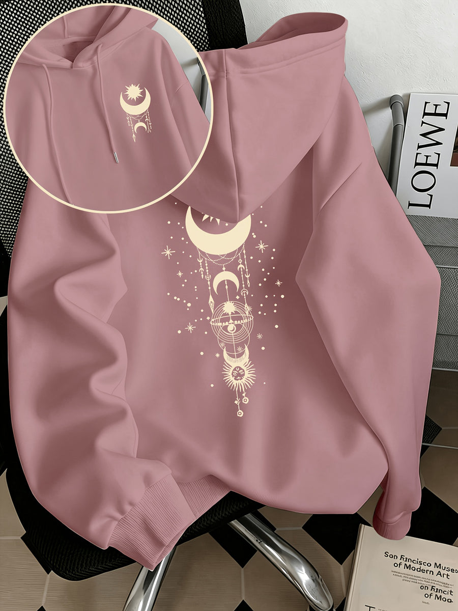 Women'S Fashion Starry Moon Print Casual Hooded Sweatshirt - Dark Pink