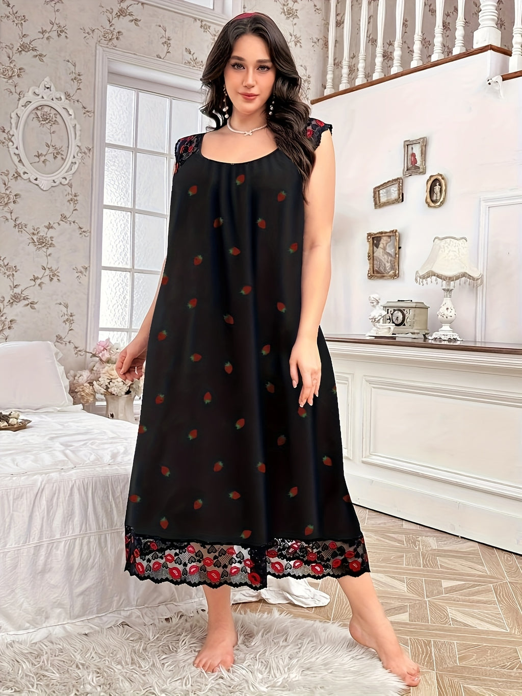 Elegant Lace Trim Nightdress with Small Floral Print - Soft Round Neck Sleepdress Suitable for Year-Round Wear, Machine Washable Bed Nightgown for (Non-) - Mixed Color 1