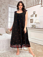 Elegant Lace Trim Nightdress with Small Floral Print - Soft Round Neck Sleepdress Suitable for Year-Round Wear, Machine Washable Bed Nightgown for (Non-) - Mixed Color 1
