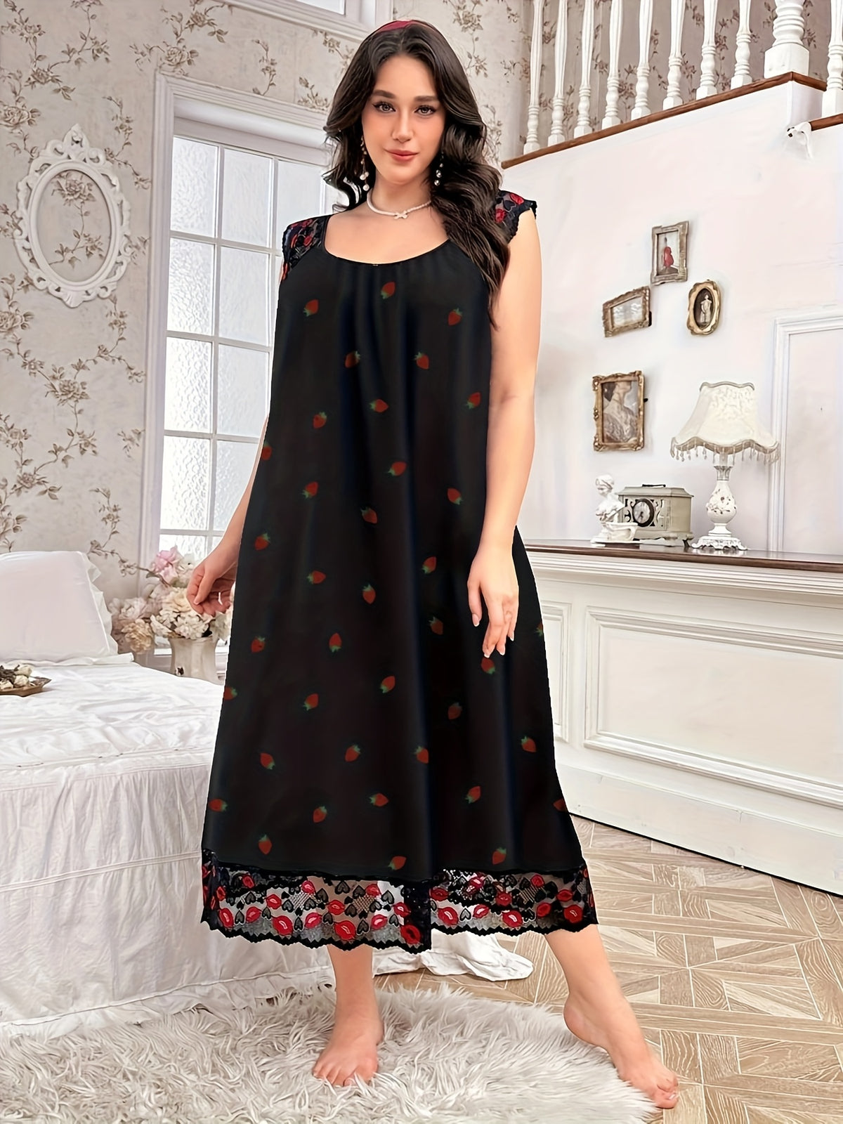 Elegant Lace Trim Nightdress with Small Floral Print - Soft Round Neck Sleepdress Suitable for Year-Round Wear, Machine Washable Bed Nightgown for (Non-) - Mixed Color 1