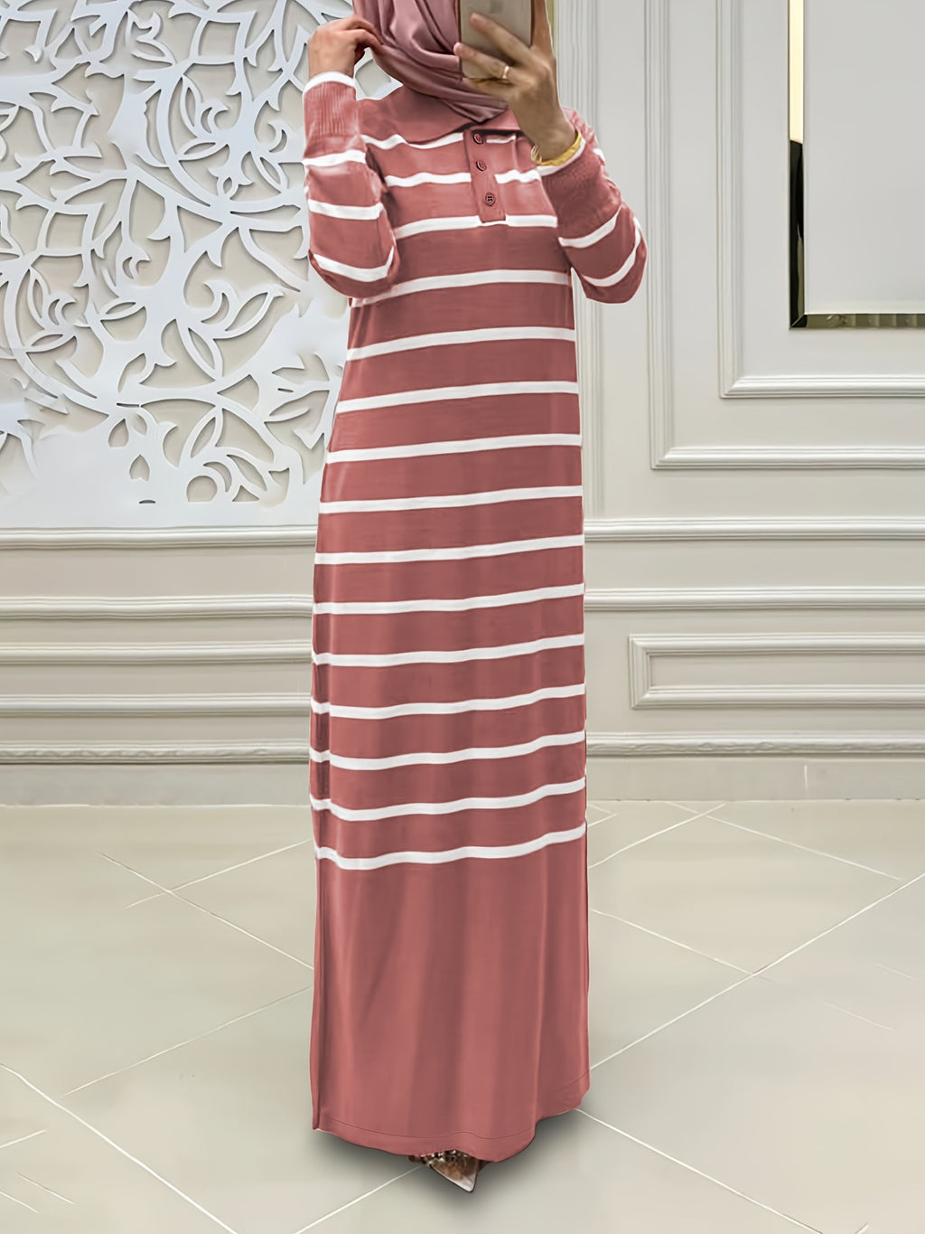 Ladies Middle Eastern Muslim Striped Dress - Peach