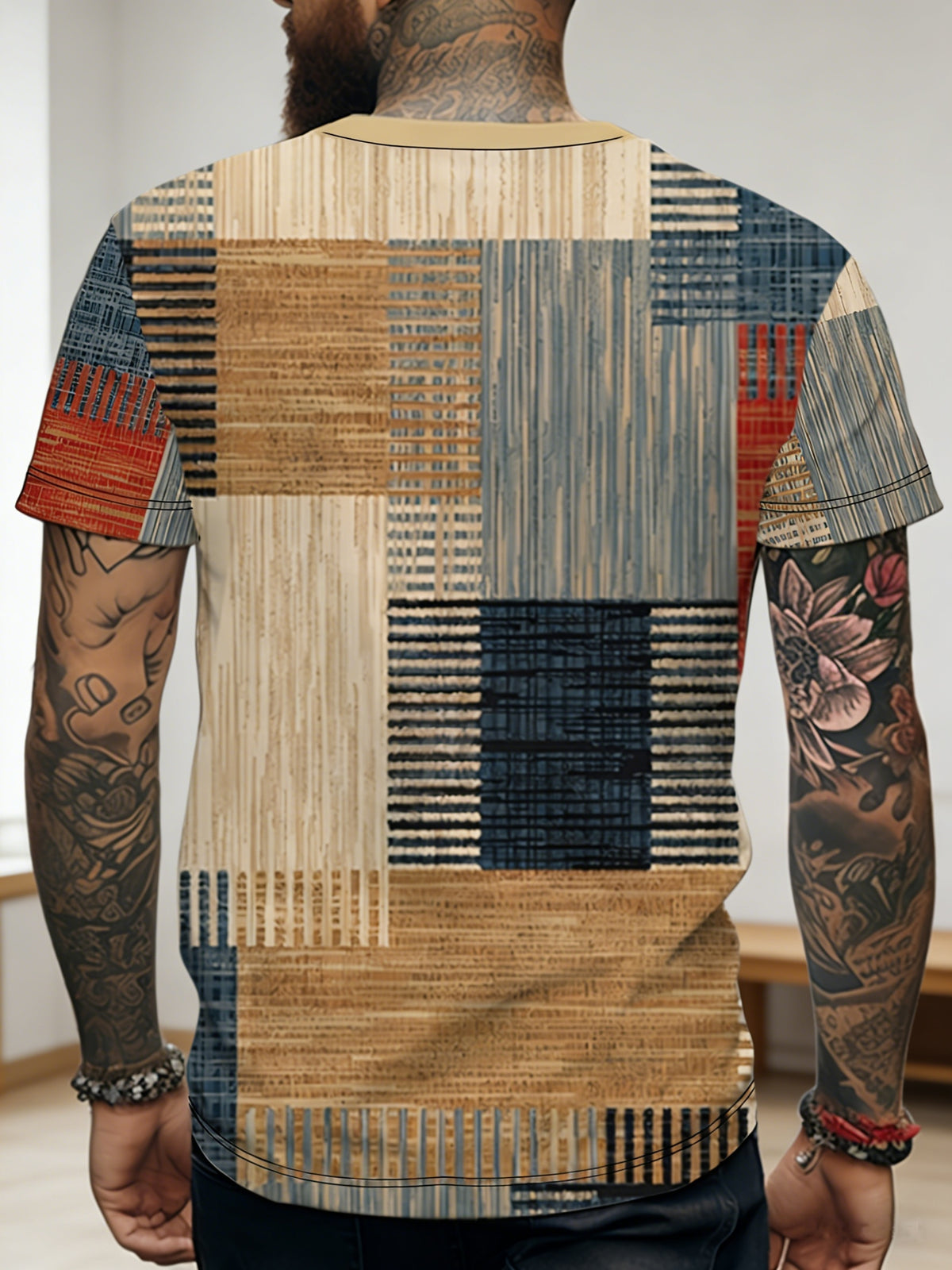 Men's Casual Deer Head Print - Digital 3D Print Patchwork Color Block Shirt - Breathable Short Sleeve Top, Color Block Collar, Machine Washable Regular Fit, Fashion Design |Durable Fabric - Mixed colors