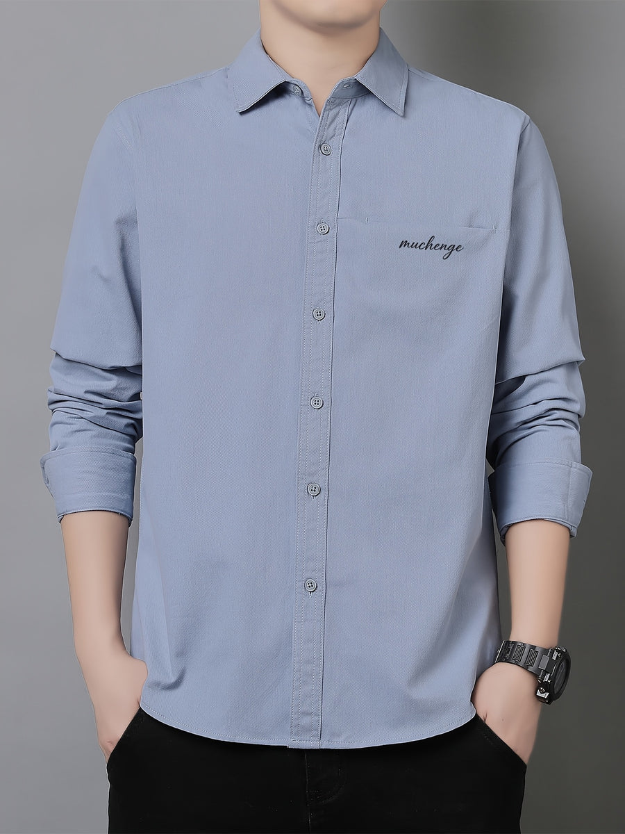 Men'S Long Sleeve Shirt with Lapel, Easy Letter Print Solid Color Hidden Single Pocket Casual Shirt, Washed Breathable Fabric, Spring/Autumn Commute Daily Wear Men'S Top, Inner And Outer Wear Multi-Color Available - Blue