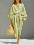 Women's Elegant and Fashionable V-Neck Loose Solid Color Jumpsuit, Women's Summer Clothing, New Summer Women's Apparel, High-Quality Women's Wear, Elegant Women's Clothing, Casual Women's Wear, Women's Loose Pants, Women's Jumpsuit, Women's Romper - Matcha Color