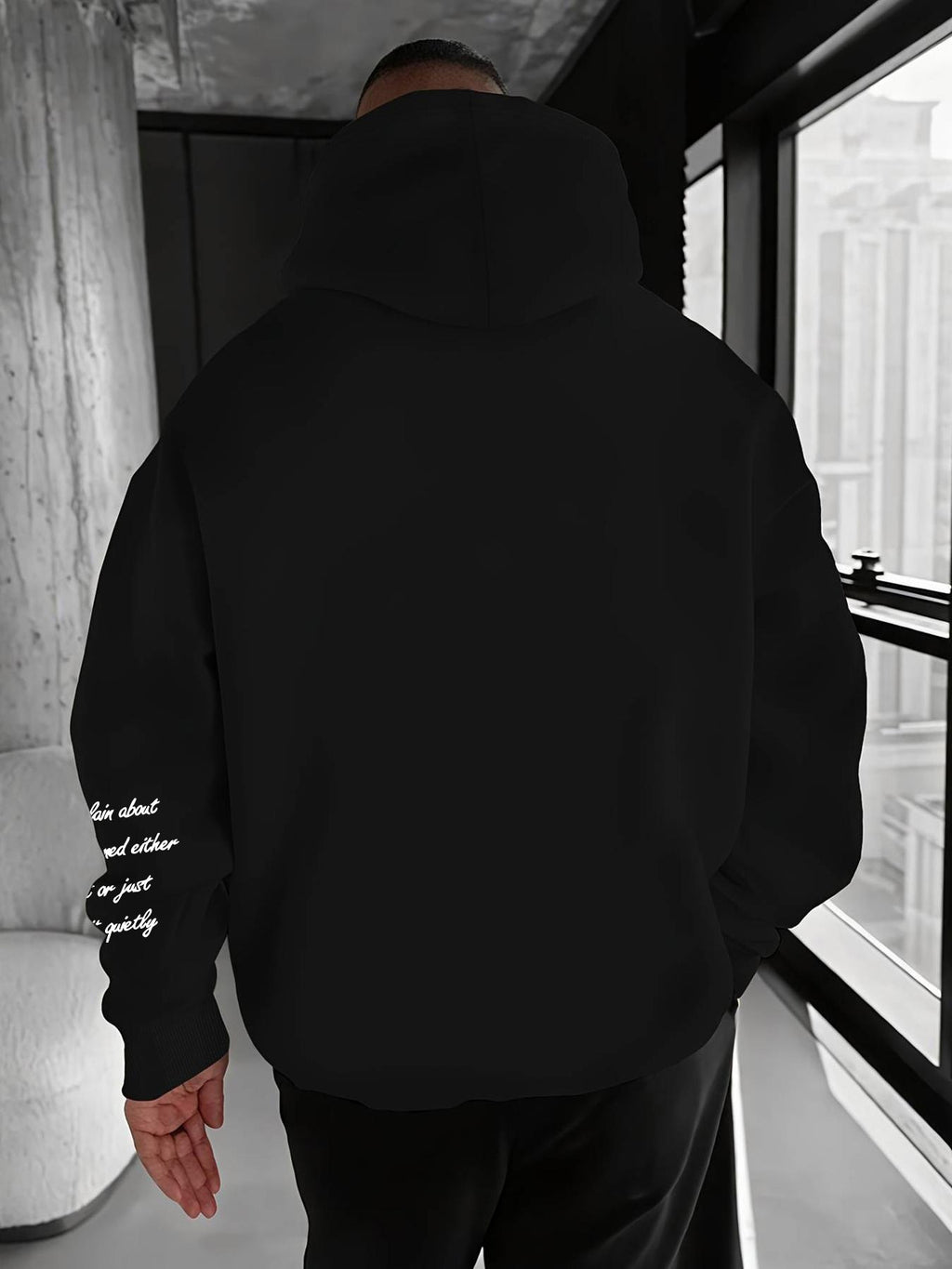 Men's Autumn/Winter Letter Print Pattern -Lined Hooded Sweatshirt, Versatile Sporty Casual Loose Fit Hoodie - Black