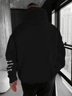 Men's Autumn/Winter Letter Print Pattern -Lined Hooded Sweatshirt, Versatile Sporty Casual Loose Fit Hoodie - Black