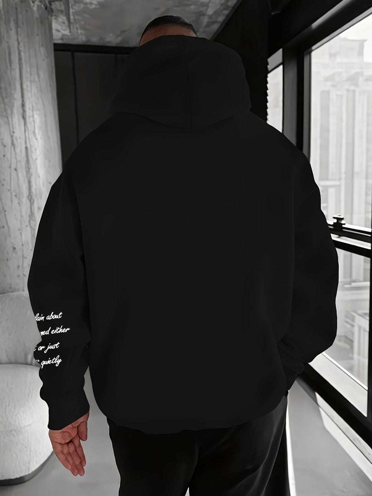Men's Autumn/Winter Letter Print Pattern -Lined Hooded Sweatshirt, Versatile Sporty Casual Loose Fit Hoodie - Black