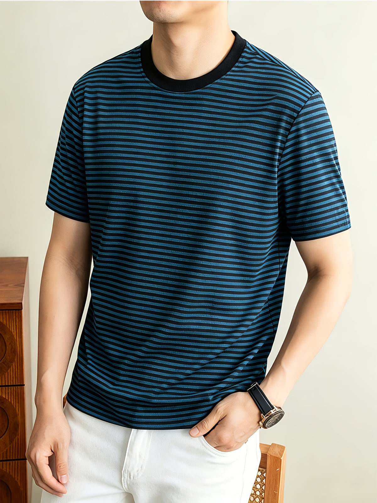Classic Striped Durable Round Neck T-Shirt, Casual And Versatile, Slimming Top - Blue And Black Stripes
