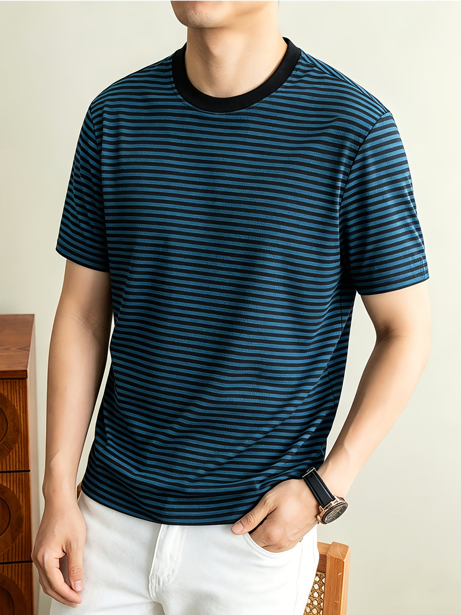 Classic Striped Durable Round Neck T-Shirt, Casual And Versatile, Slimming Top - Blue And Black Stripes
