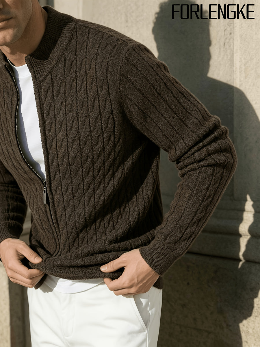FORLENGKE New Stylish Men's Business Casual Stand Collar Cable Knit Zip Up Cardigan, Soft Warm Long Sleeve Knit Jacket for Fall Winter Office Daily Wear - Coffee Color
