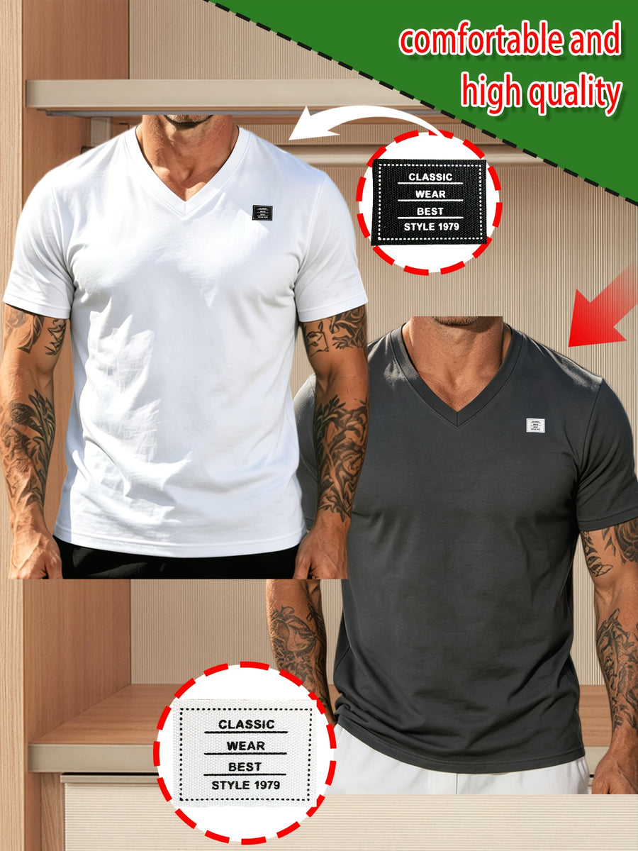 2pcs 100%, Men'S Knitted Solid V-Neck T-Shirt, Men'S T-Shirt New Chapter Design, Summer Global All-Season Base Layer Factory Made Men Comfortable High Quality High Fit Rate Casual Sports Top - white+dark gray