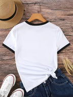Women's Y2K Color Block Summer Short Sleeve T-Shirt - Breathable Round Neck Casual Top, Loose Fit with Red Heart Print Design for Daily Wear - White