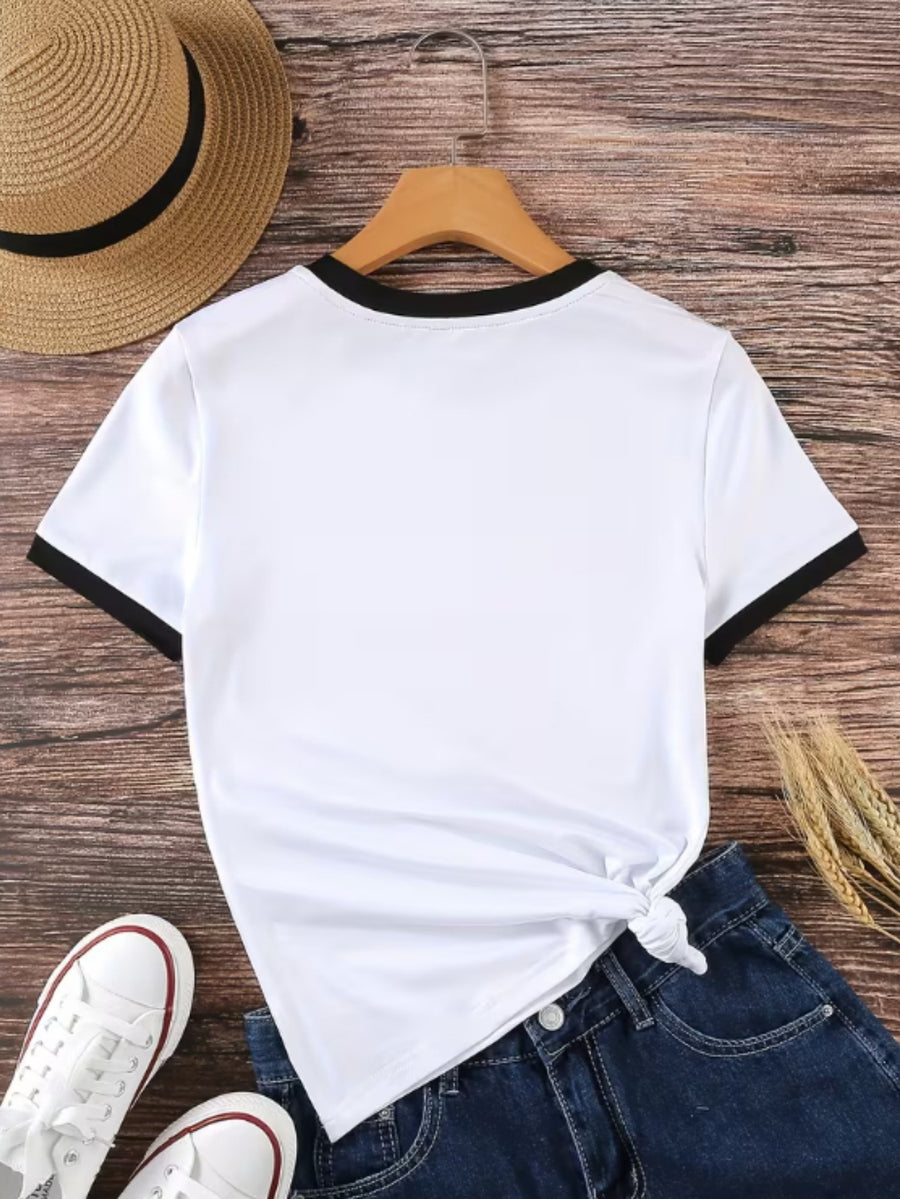 Women's Y2K Color Block Summer Short Sleeve T-Shirt - Breathable Round Neck Casual Top, Loose Fit with Red Heart Print Design for Daily Wear - White