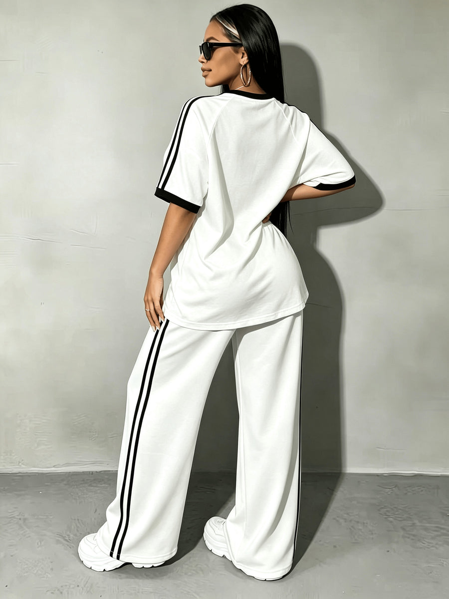 2pcs Women's Short Sleeve and Long Pants Set, Standard Size, Printed Color-Blocked, Comfortable and Soft, for Outings, Leisure, and Sports, with Long Sweatpants and Short Sleeve Top - White