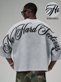 Men'S Short Loose Short Sleeve T-Shirt, Back Wrap Arc Floral English Fashion Embroidered Top, Machine Washable - Grey