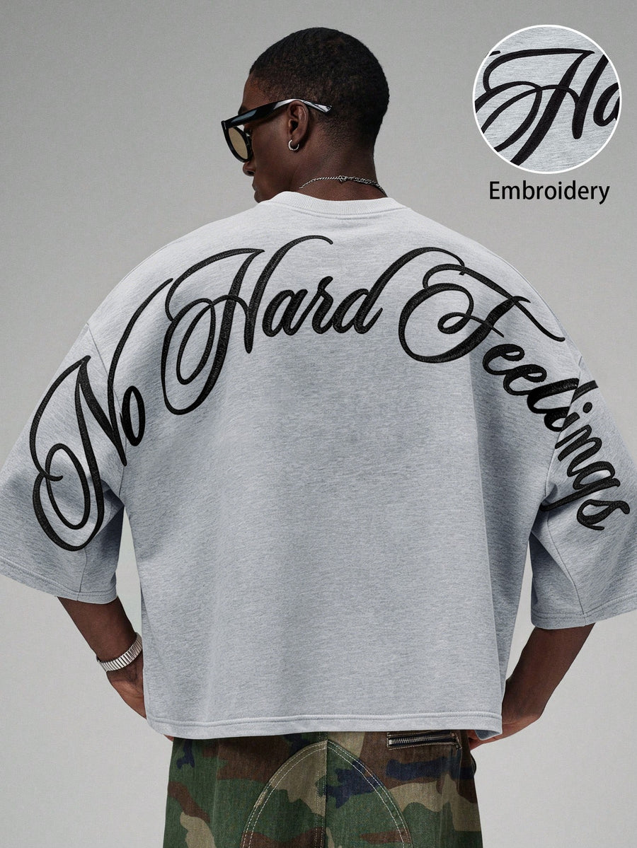 Men'S Short Loose Short Sleeve T-Shirt, Back Wrap Arc Floral English Fashion Embroidered Top, Machine Washable - Grey