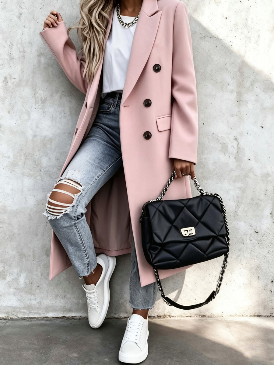 Over-The-Knee Long Premium Design Style Long Sleeve Trench Coat Women'S New Suit Collar Double-Breasted Casual Coat Jacket - Pink Color